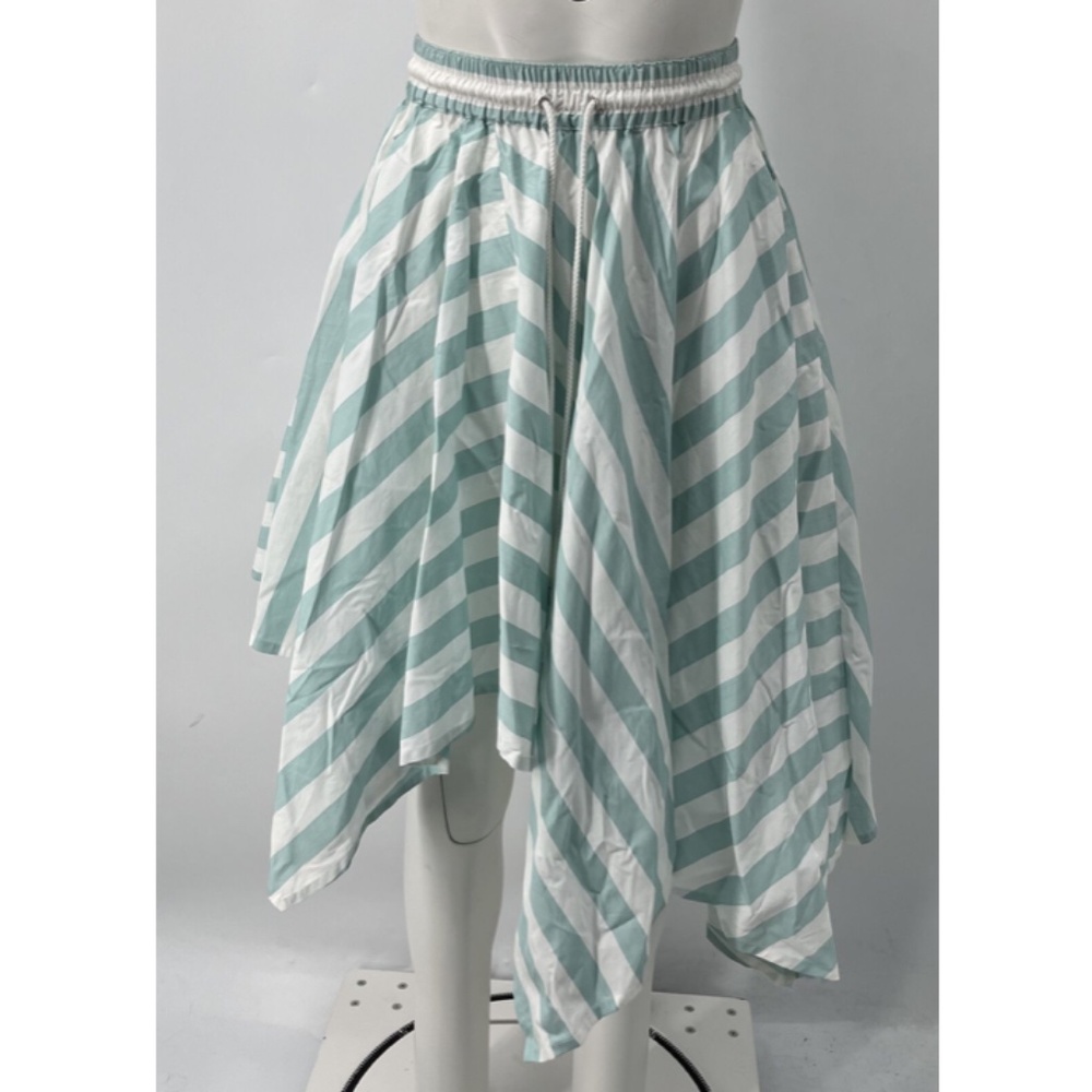 Victoria Tomas Aloe Stripe Asymmetric Elastic Waist Skirt in White/Blue sz36 NWT